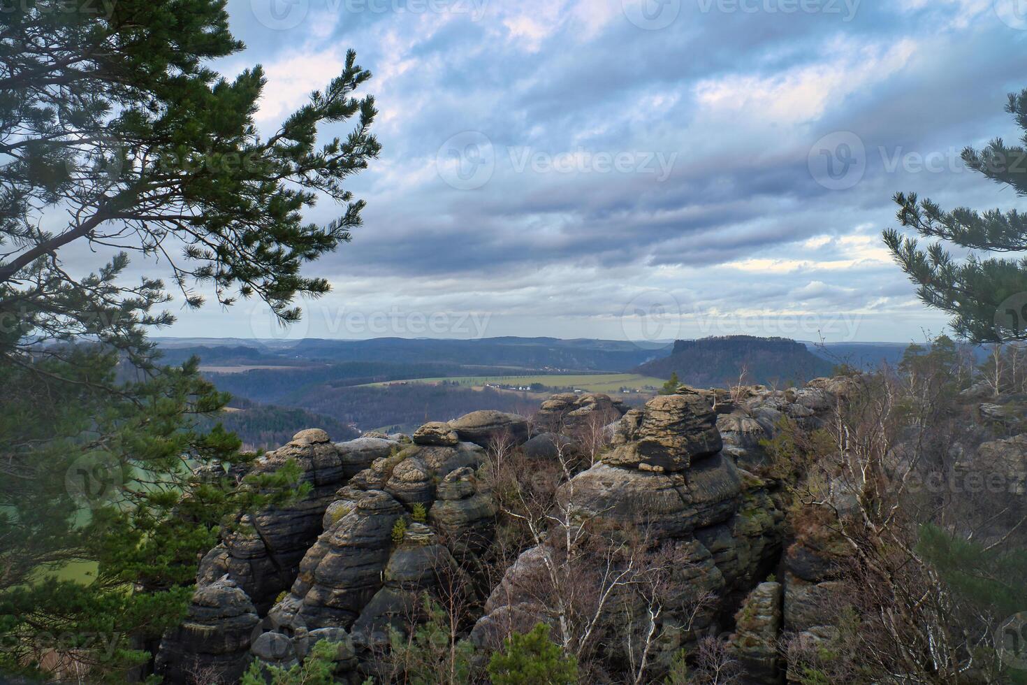 View from the Pfaffenstein. Forests, mountains, vastness, panorama. Landscape from the Elbe Sandstone Mountains. photo