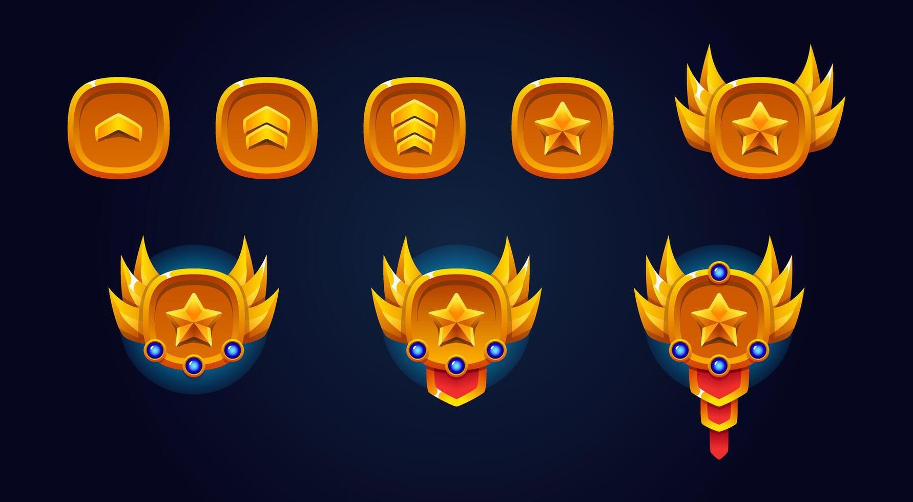 Rounded rank patent gold set. Blue gemstone, star, wings and ribbon. 3d metal effect. Perfect for game rank. vector