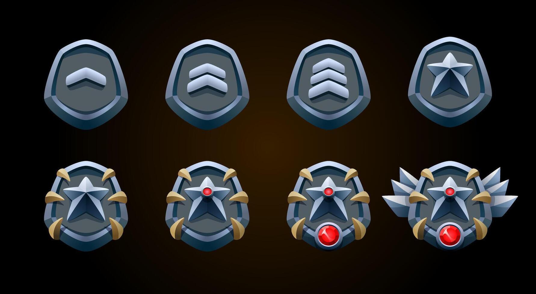 Rank patent silver badges set. Red gemstone, star and bones. High quality 3d effect illustrations. Perfect for games. vector