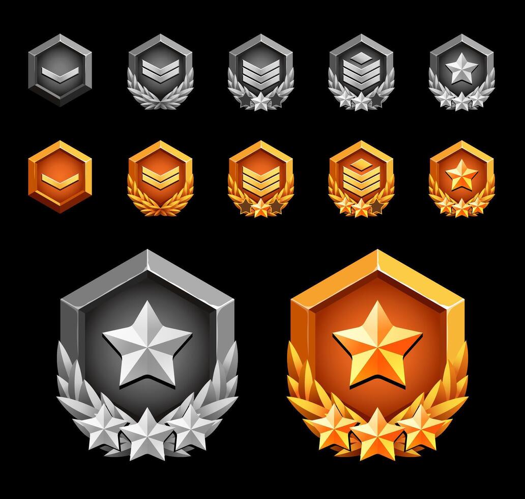 Award rank badge for games. Gold and silver 3d metal effect. Rank and stars. vector