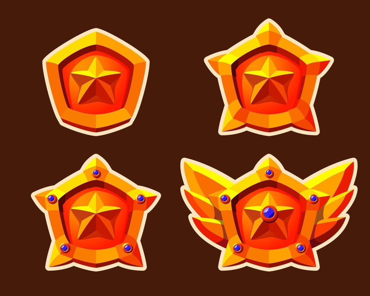 Vibrant gold realistic game rank badges set. Stars, gemstone and wings. Easy edit. vector
