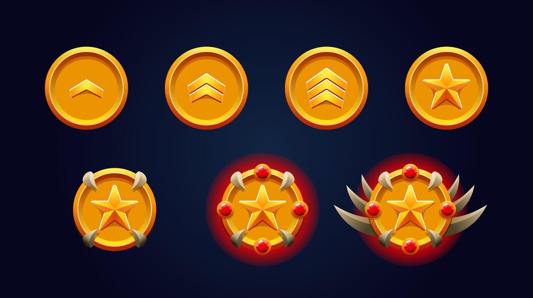 Rank patent gold set. red gemstones, star and spikes. 3d metal effect. Perfect for game achievements. vector