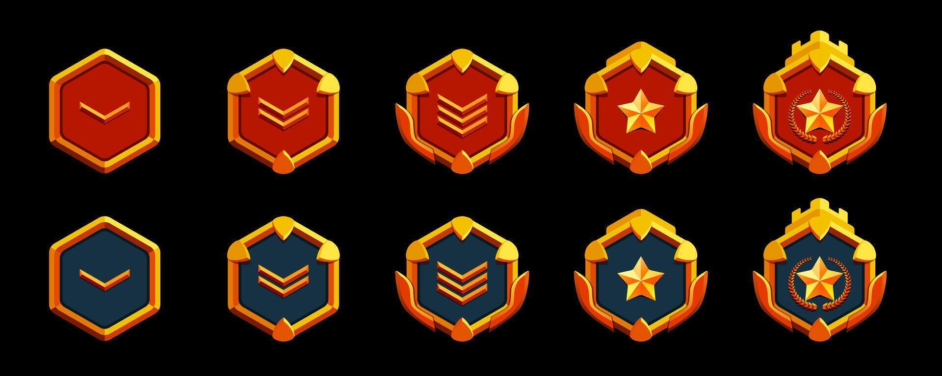 3d gold game level rank set. Realistic style and two base colors, red and blue. Stars and crown. vector