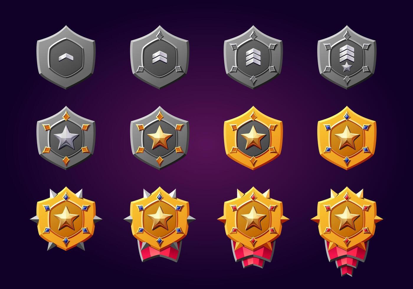 3d Game rank badges set isolated on background. Vector emblems of different level decorated with stars, ribbons, golden, silver. Perfect for games.