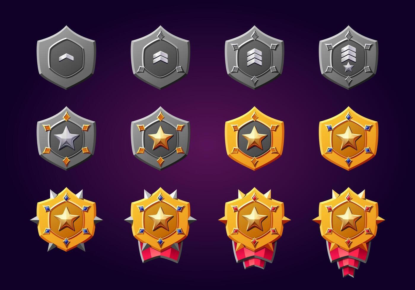 3d juego rango insignias conjunto aislado en antecedentes. vector emblemas de diferente nivel decorado con estrellas, cintas, dorado, plata. Perfecto para juegos.