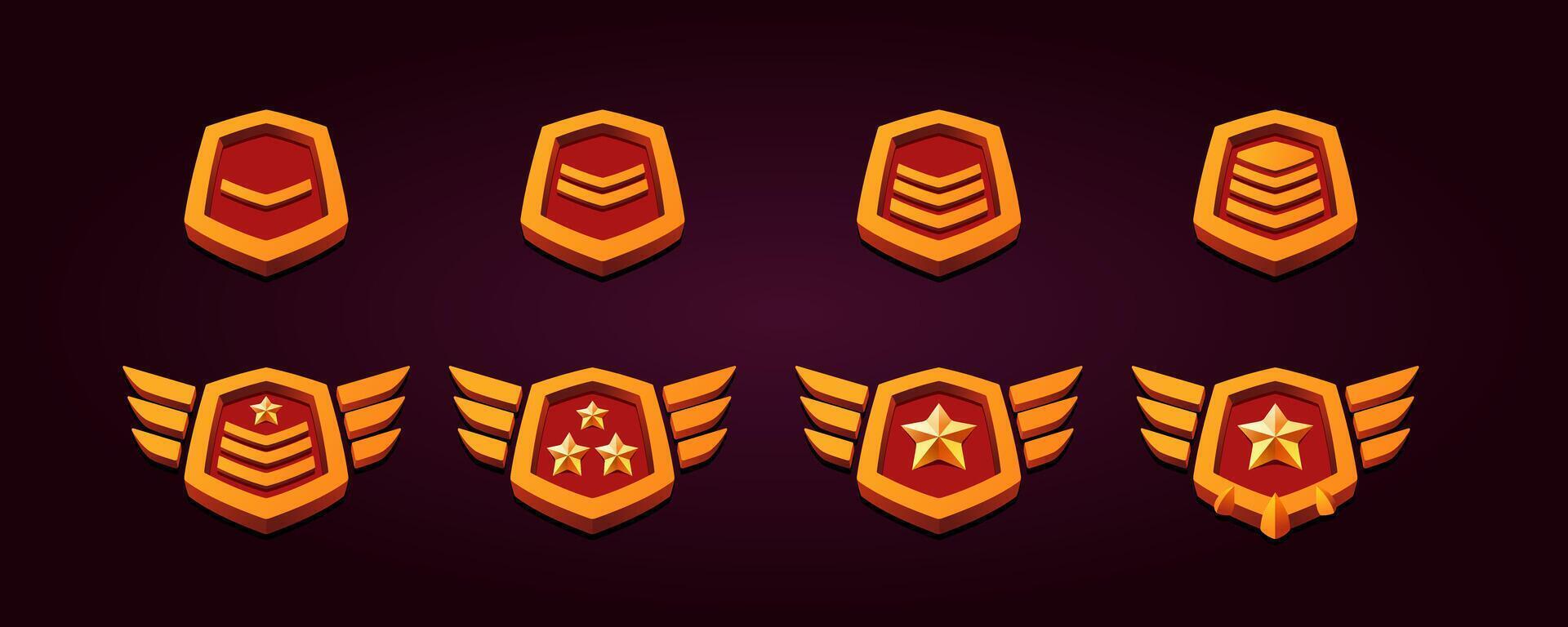 Metal gold rank patent badges with red color. Three dimensional effect with wings. vector