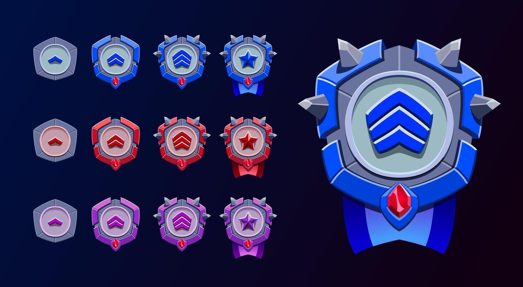 Game level rank. Blue, red and purple colors. Gemstone, spikes and ribbon. Perfect for game achievements and rank. vector