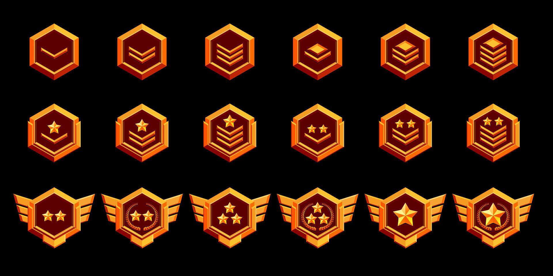 Realistic metal set of game rank badge isolated on background. Vector illustration of golden hexagonal medals decorated with stars and wings. Symbol of achievement, award for victory, trophy emblem.