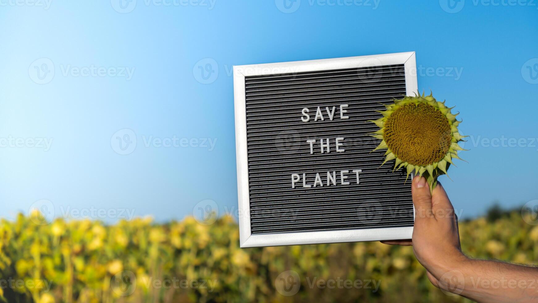 Unrecognizable person with banner message SAVE THE PLANET in sunflower field on sunny day. Sign EARTH day. Concept of ecology and eco activism environmental issues Stop global warming. Go green sustainable photo