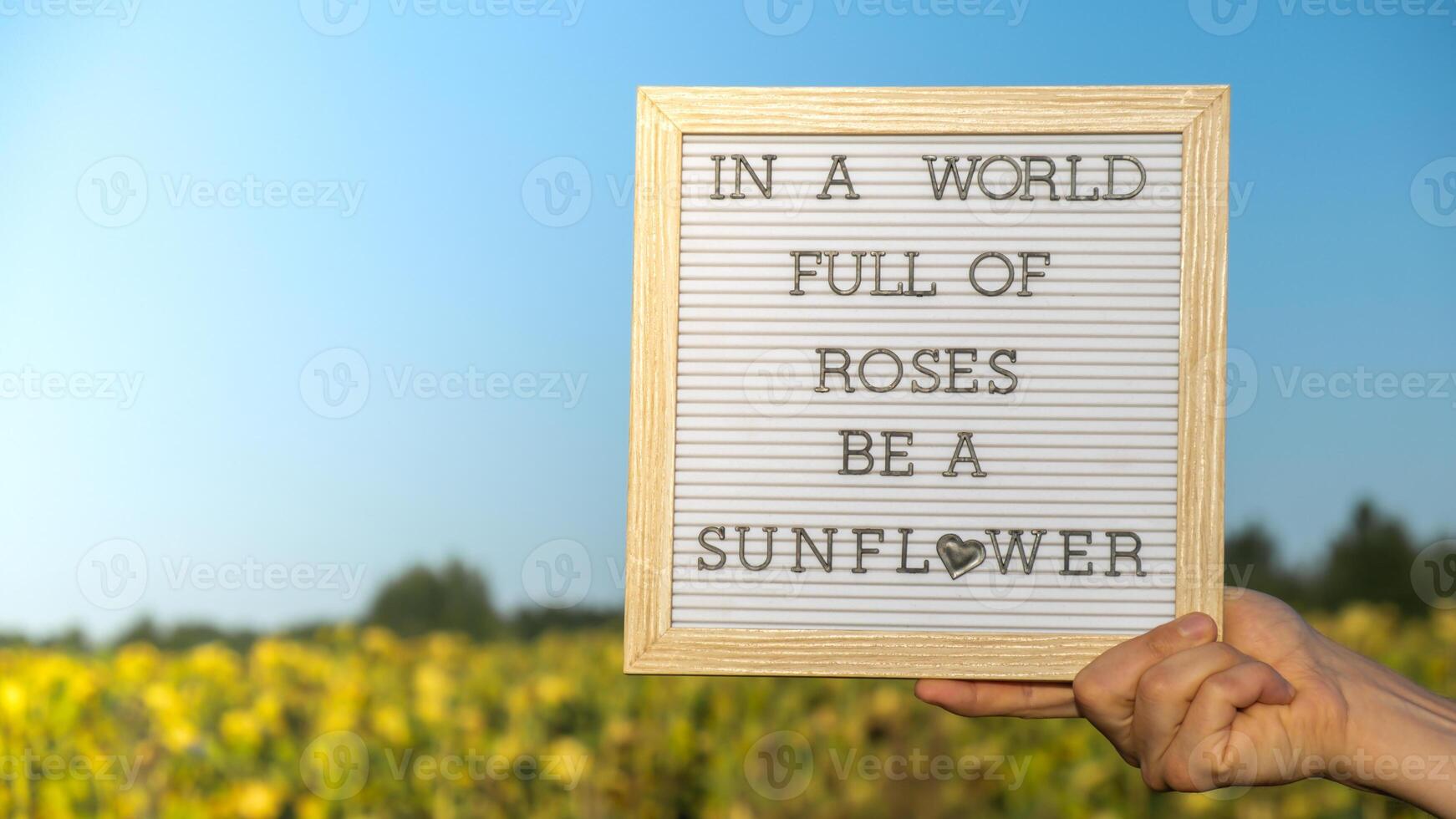 IN A WORLD FULL OF ROSES BE A SUNFLOWER text on white board next to sunflower field. Motivational caption inspirational quote. Be unique saying phrase humor concept. Sunny summer day photo