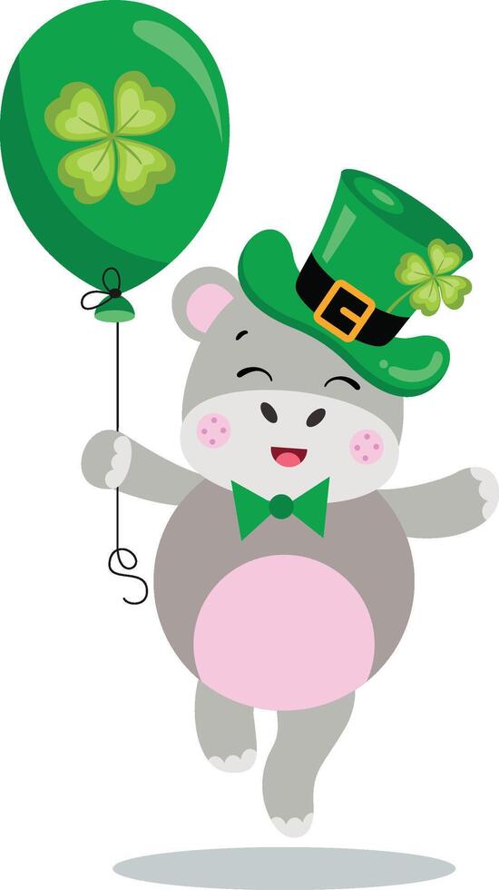 St Patrick's day hippo holding a green balloon with clover vector