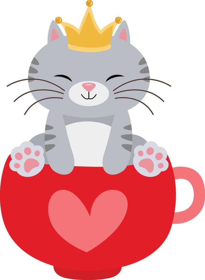 Cute cat with crown on head inside love cup vector