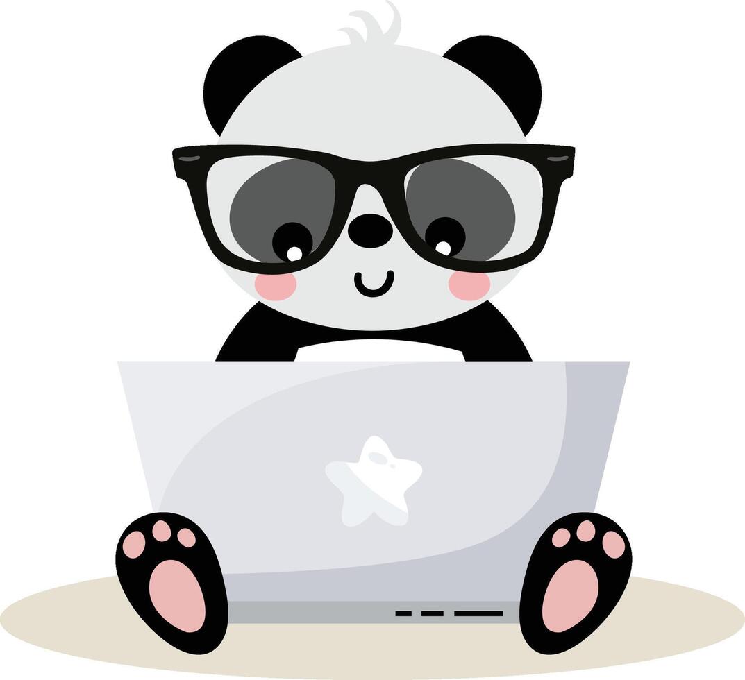 lindo panda trabajando con laptop vector