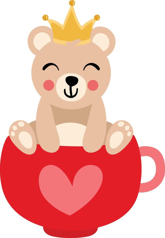 Cute teddy bear with crown on head inside love cup vector