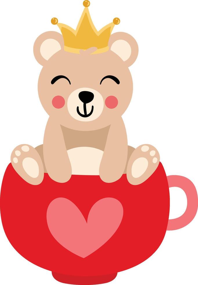 Cute teddy bear with crown on head inside love cup vector