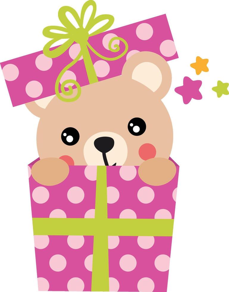 sorpresa contento cumpleaños con linda osito de peluche oso viniendo fuera de un regalo caja vector
