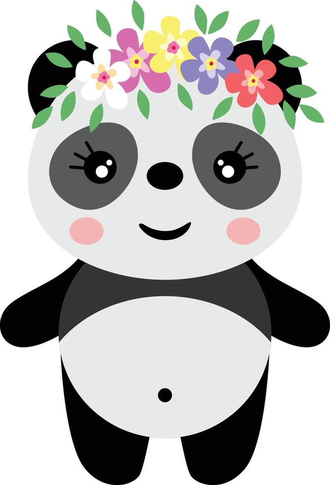 Adorable panda with wreath floral on head vector