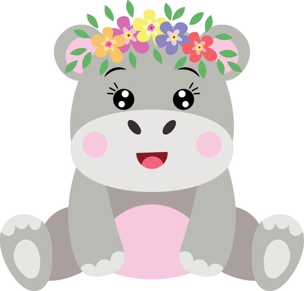 adorable hipopótamo sentado con guirnalda floral en cabeza vector