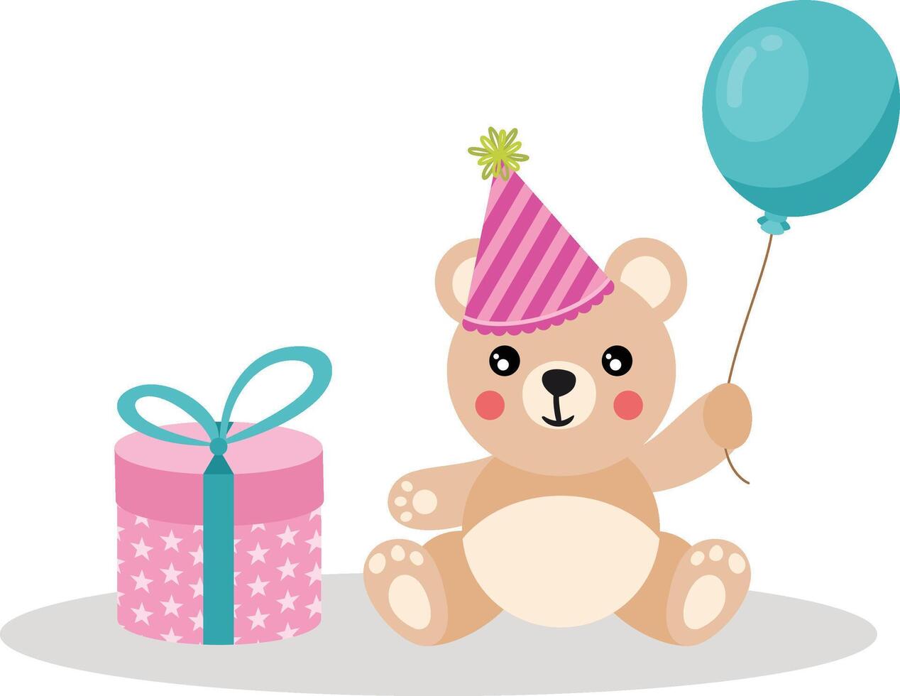 Happy teddy bear with a birthday gift and a blue balloon vector