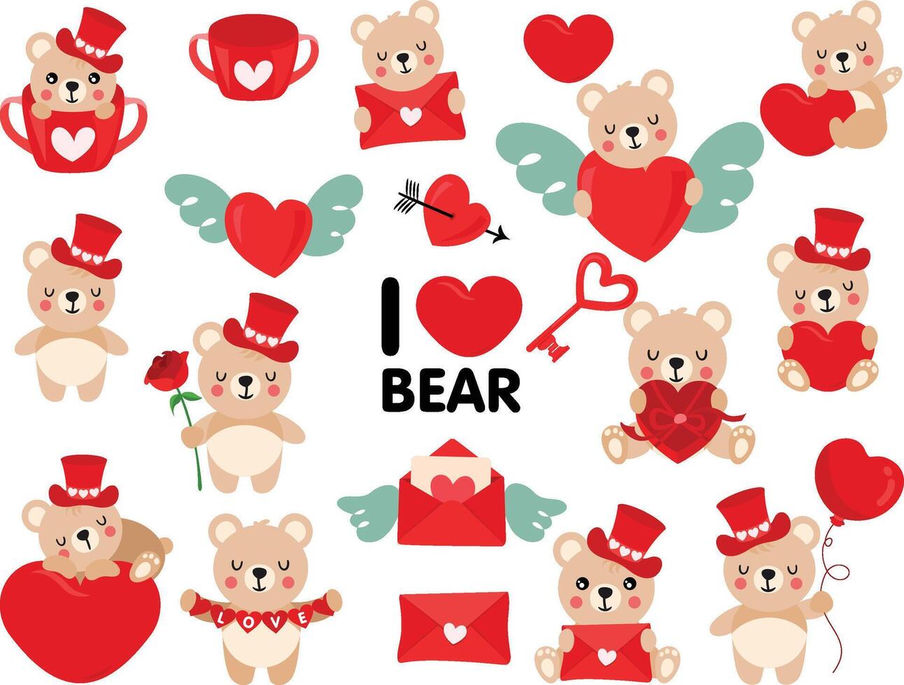 Set of funny love valentine tedy bear vector