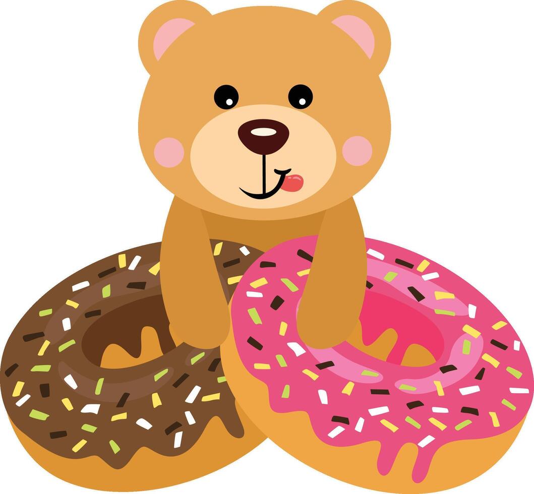 gracioso osito de peluche oso con fresa y chocolate rosquillas vector