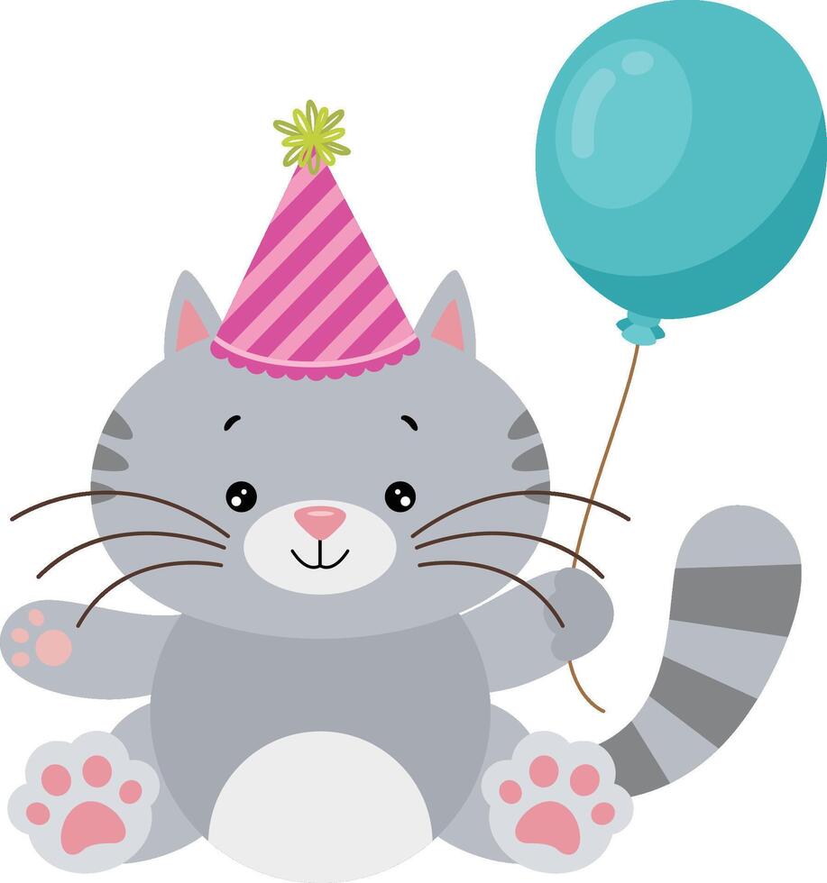 cumpleaños gato participación un azul globo vector