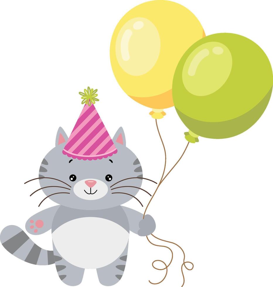 contento cumpleaños linda gato participación globos vector