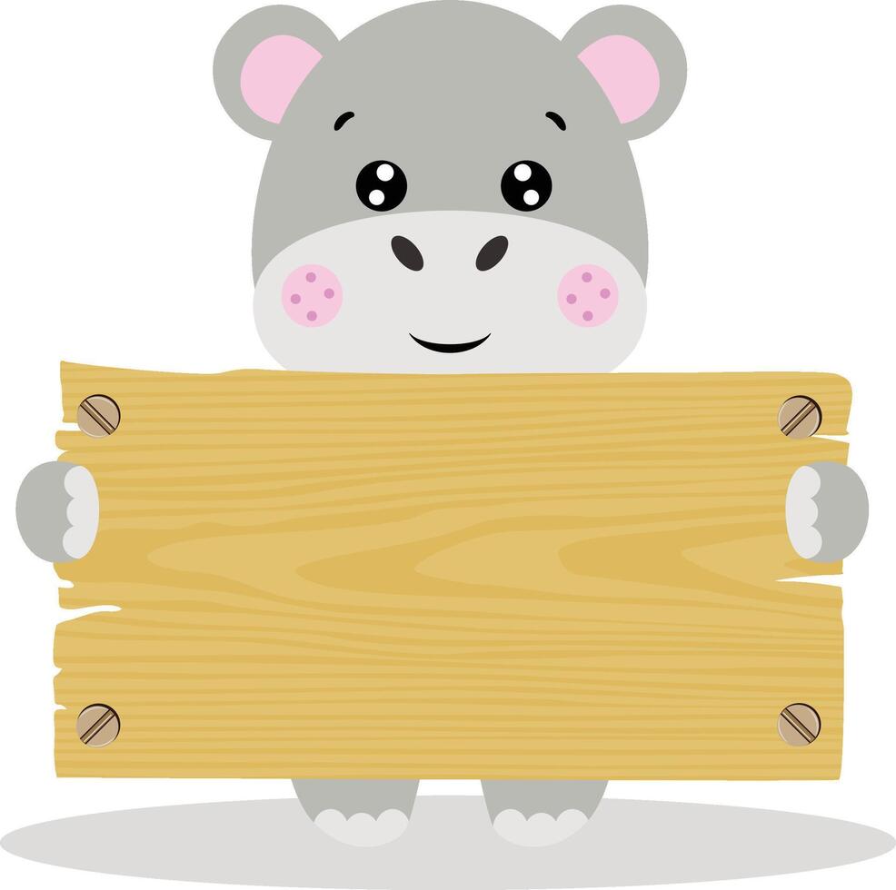 Funny hippo with wooden signboard vector