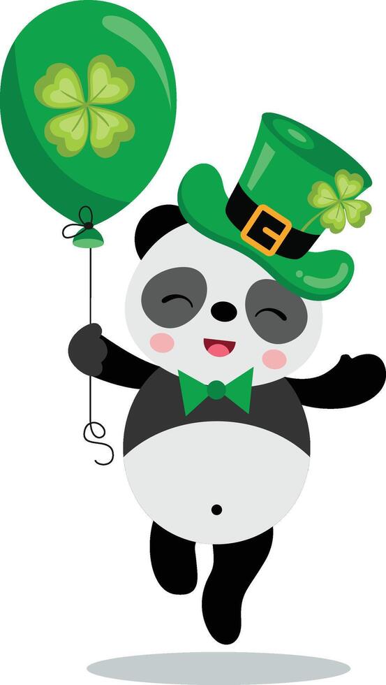 St Patrick's day panda holding a green balloon with clover vector