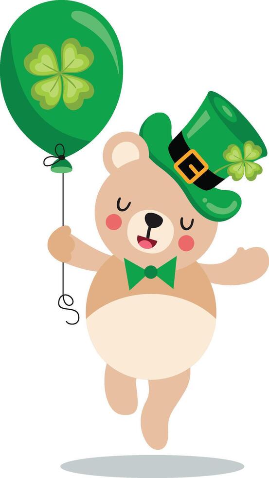 S t patrick's día osito de peluche oso participación un verde globo con trébol vector