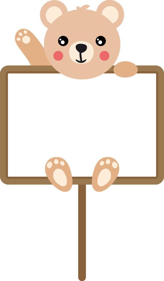 Cute teddy bear waving hanging a blank signboard vector