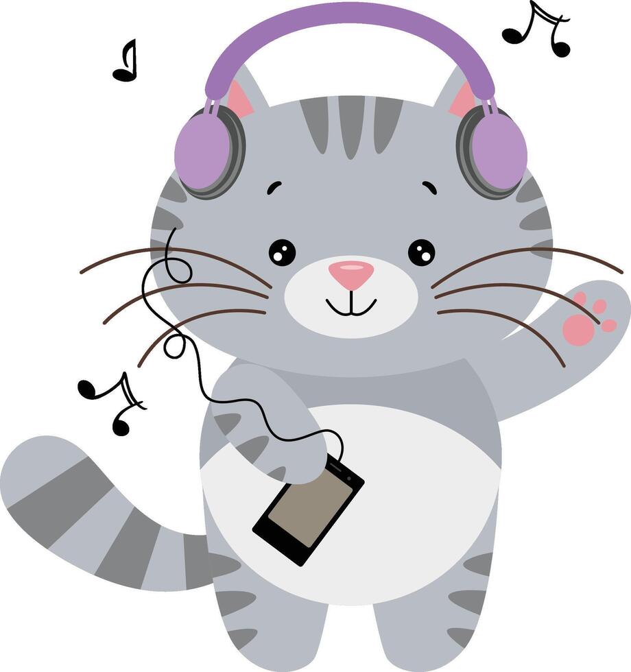 gracioso gato escuchando música con auriculares vector