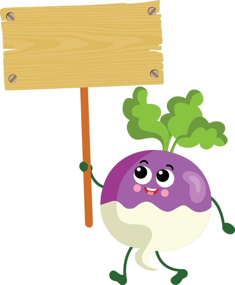 Funny turnip mascot holding a wooden sign vector