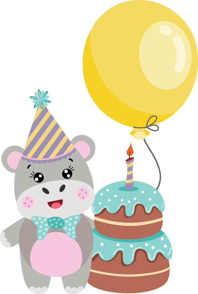 Cute hippo with balloon and happy birthday cake vector