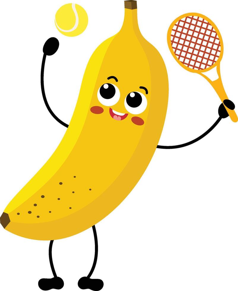 linda plátano mascota jugando tenis vector