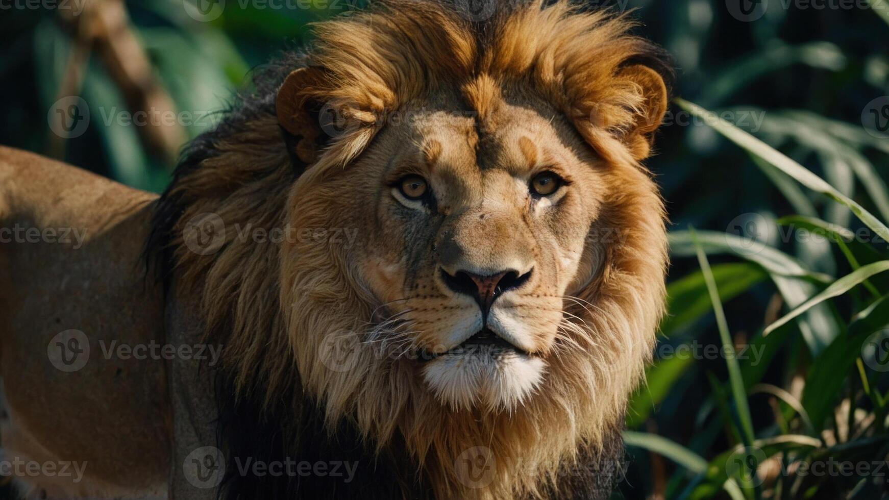 ai generado cerca arriba de un león en un selva foto