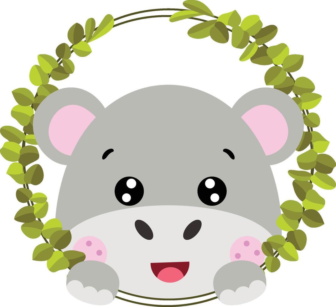 Friendly hippo peeking out of round leaves frame vector