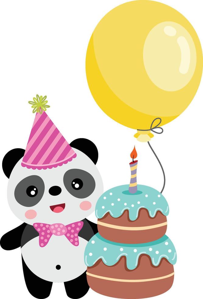 linda panda con globo y contento cumpleaños pastel vector