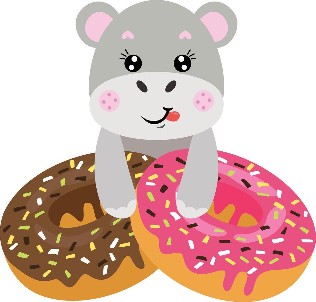 Funny hippo with strawberry and chocolate donuts vector