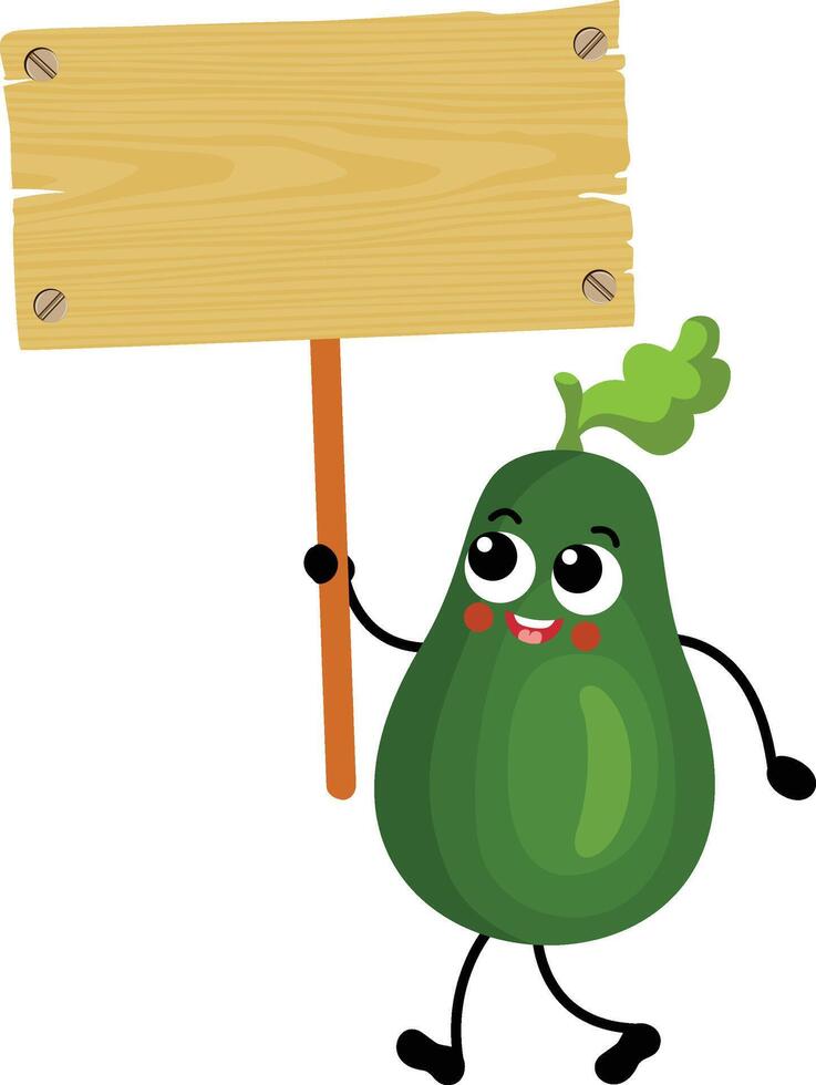 Funny avocado mascot holding a wooden sign vector