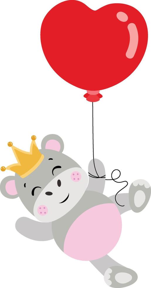 Cute king hippo flying with a heart shaped balloon. vector