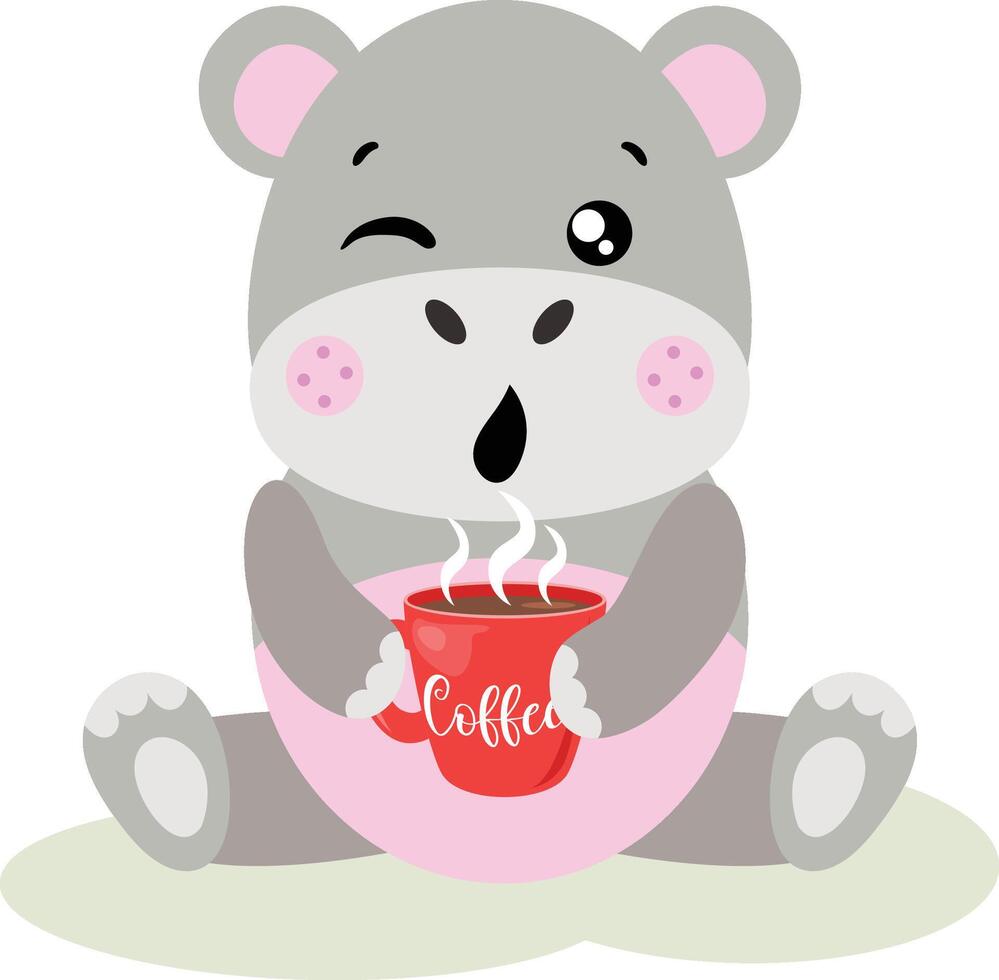 Cute hippo drinking a hot coffee vector