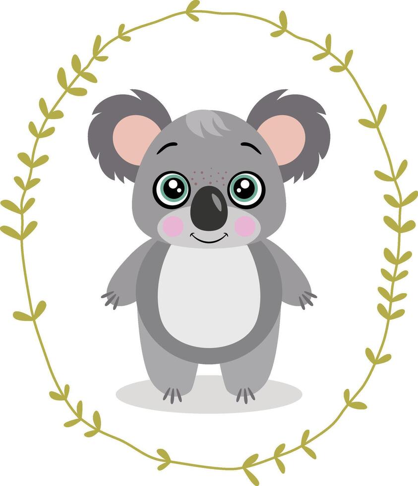 Cute koala inside an oval leaves border vector