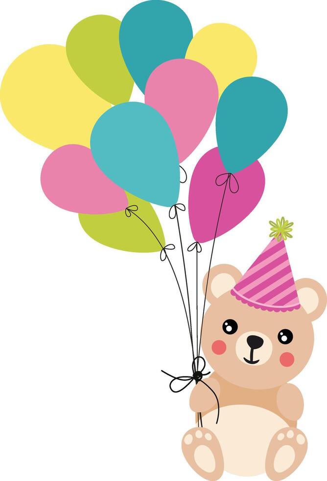 Birthday teddy bear holding a set of balloons vector