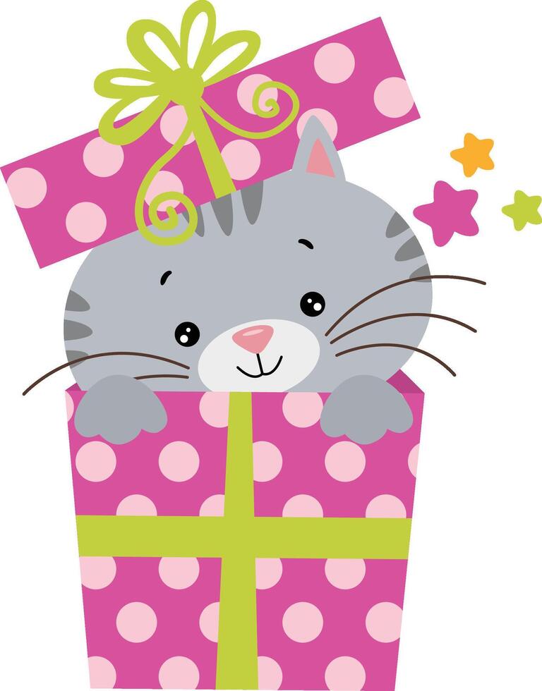 sorpresa contento cumpleaños con linda gato viniendo fuera de un regalo caja vector