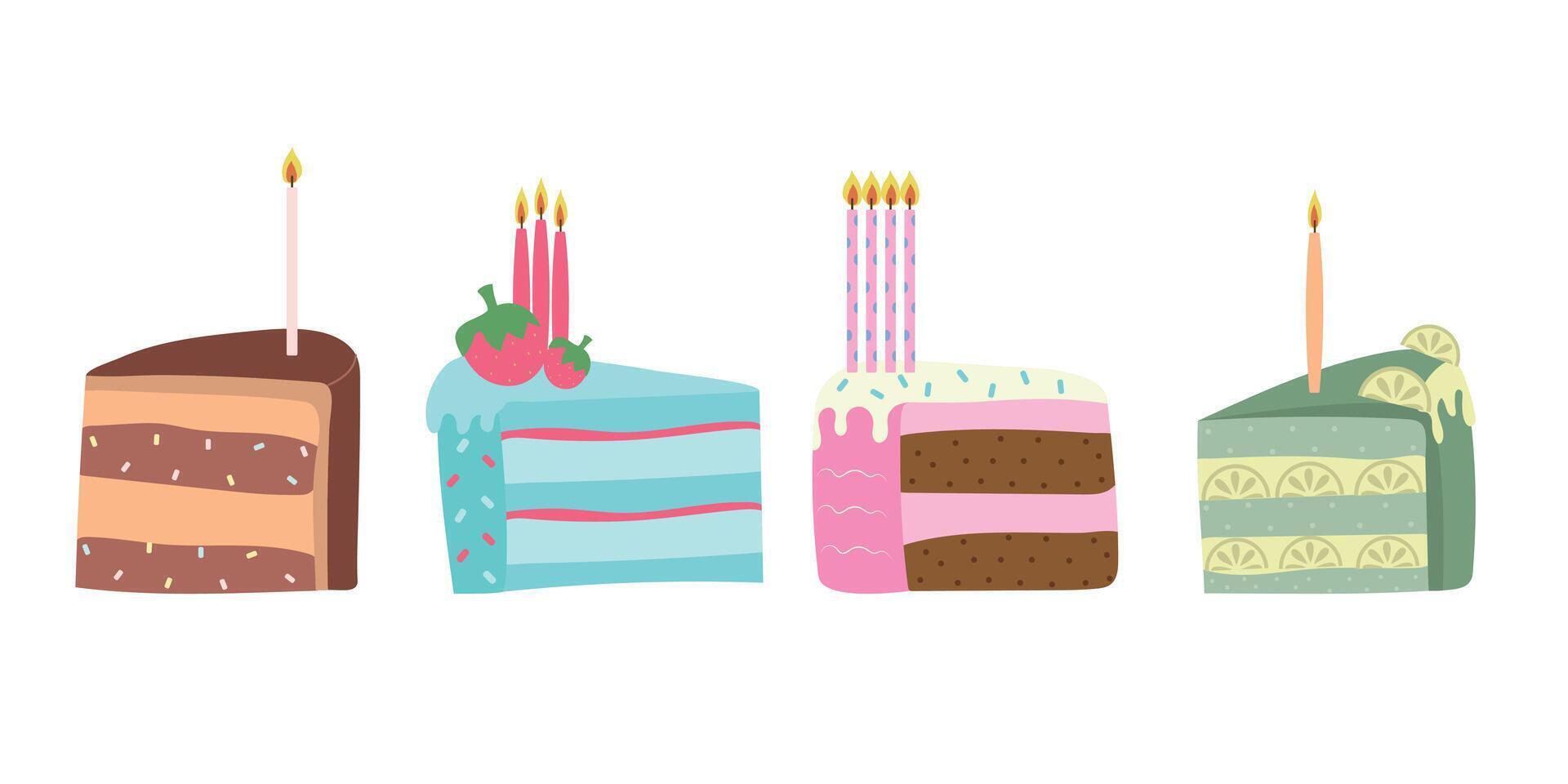 pedazo de pastel conjunto brillante colores de cumpleaños pasteles vector