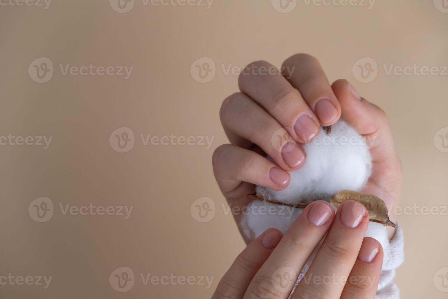 Pastel softness manicured nails on neutral beige background. Woman showing her new manicure in colors of pastel palette. Simplicity decor fresh spring vibes earth-colored neutral tones design photo