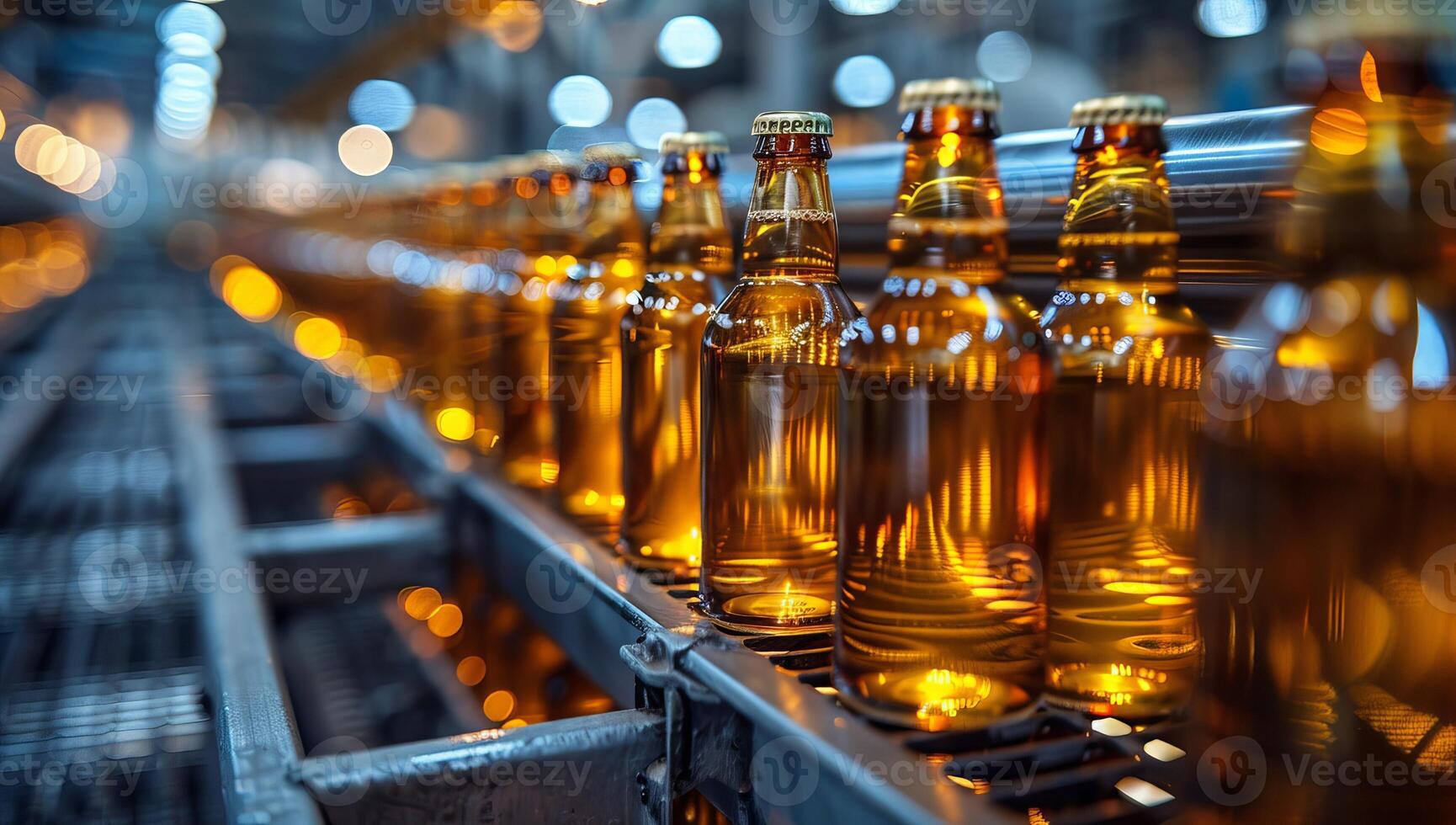 ai generado botellas de cerveza en el transportador cinturón en el fábrica. foto