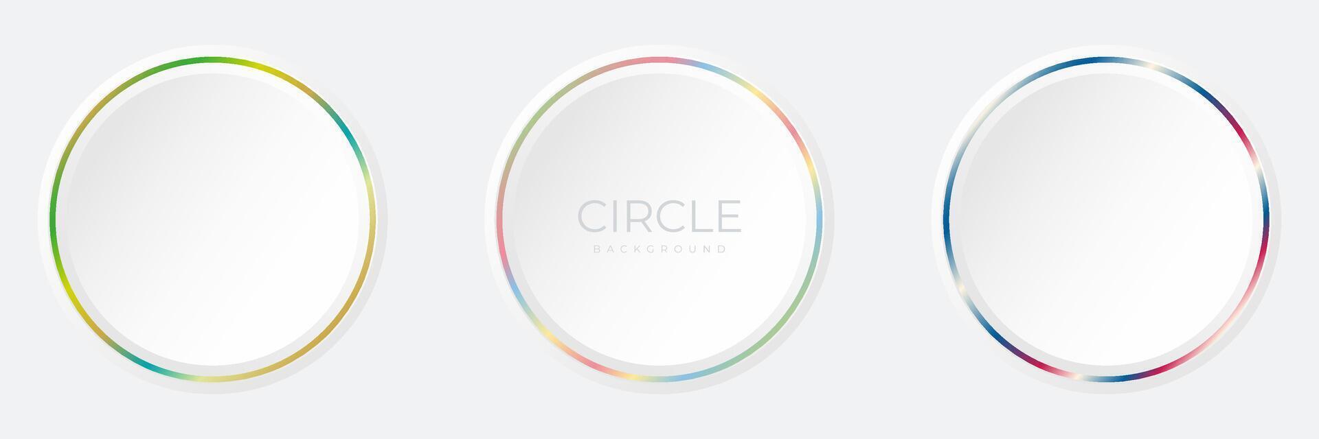Set of colorful illuminate neon lighting circles frames on white background. Collection of glowing laser light round lines in top view. Abstract vibrant gradient color design. vector