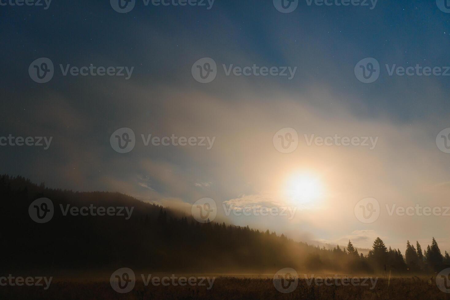 mountain landscape pine trees near valley and colorful forest on hillside under blue sky with clouds and fog in moon light at night photo